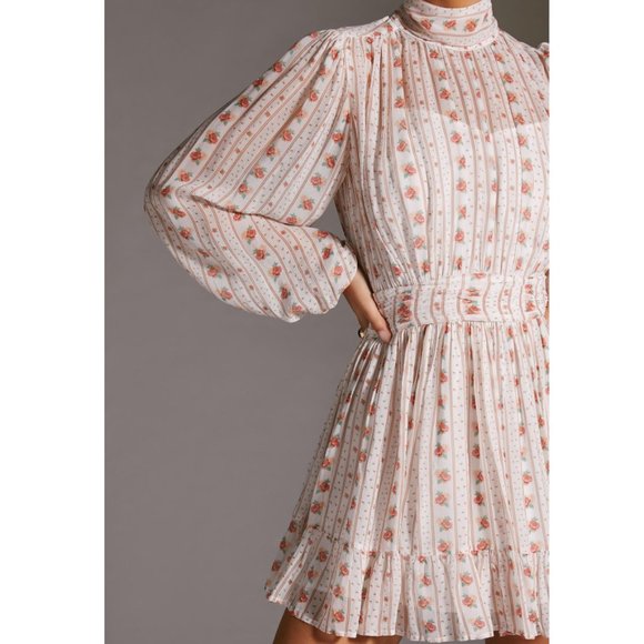 Anthropologie Let Me Be Mock Neck Sheer Mini Dress Pink Floral Combo - Large - Picture 3 of 11